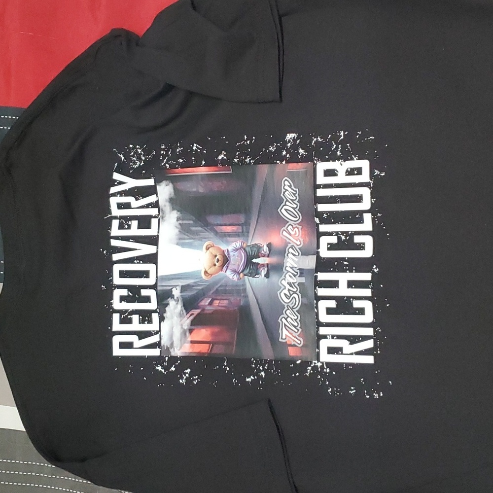 Black Recovery Rich Tshirt streetwear brand. "The Storm is Over" Teddy bear